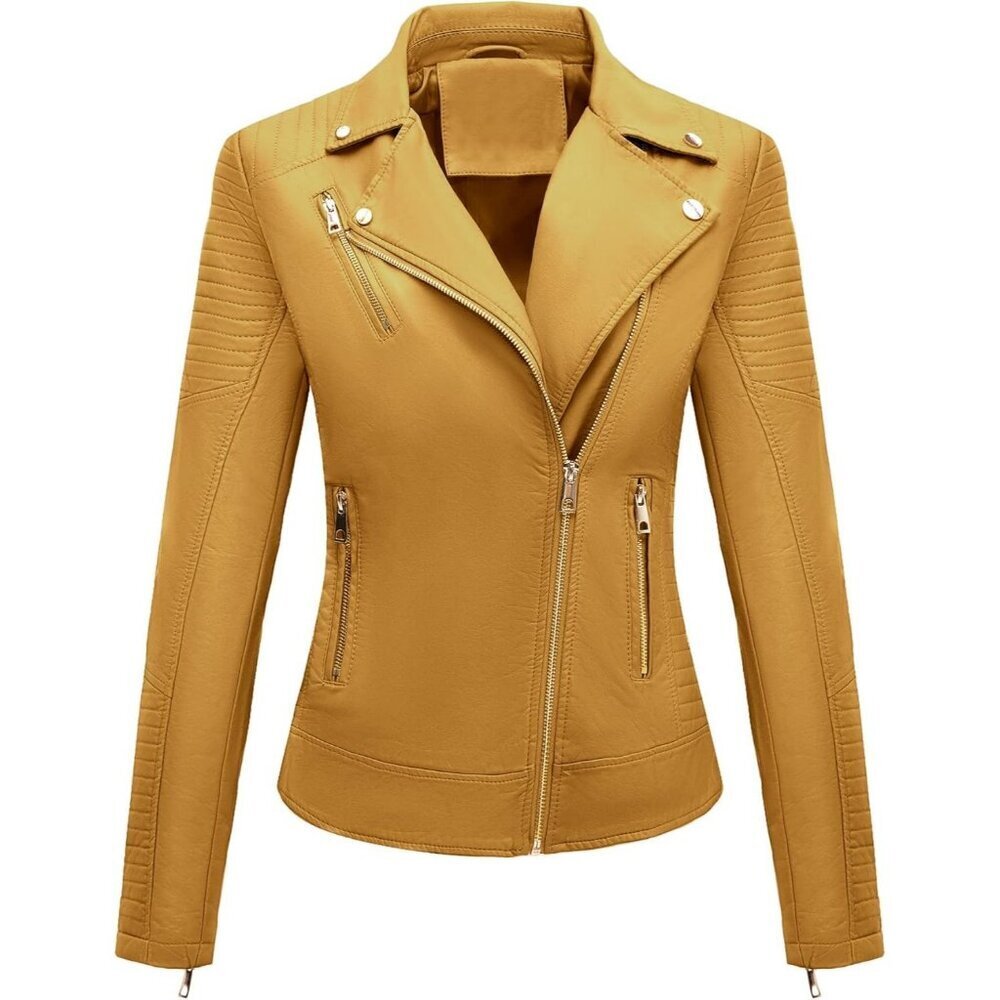 Women's Ginger Faux Leather Quilted Shoulders Peak Lapel & Zipper Biker Jacket